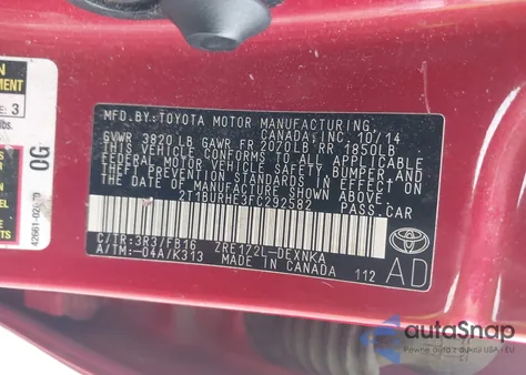 2015 Toyota Corolla Le из США, поврежденный, VIN 2T1BURHE3FC292582